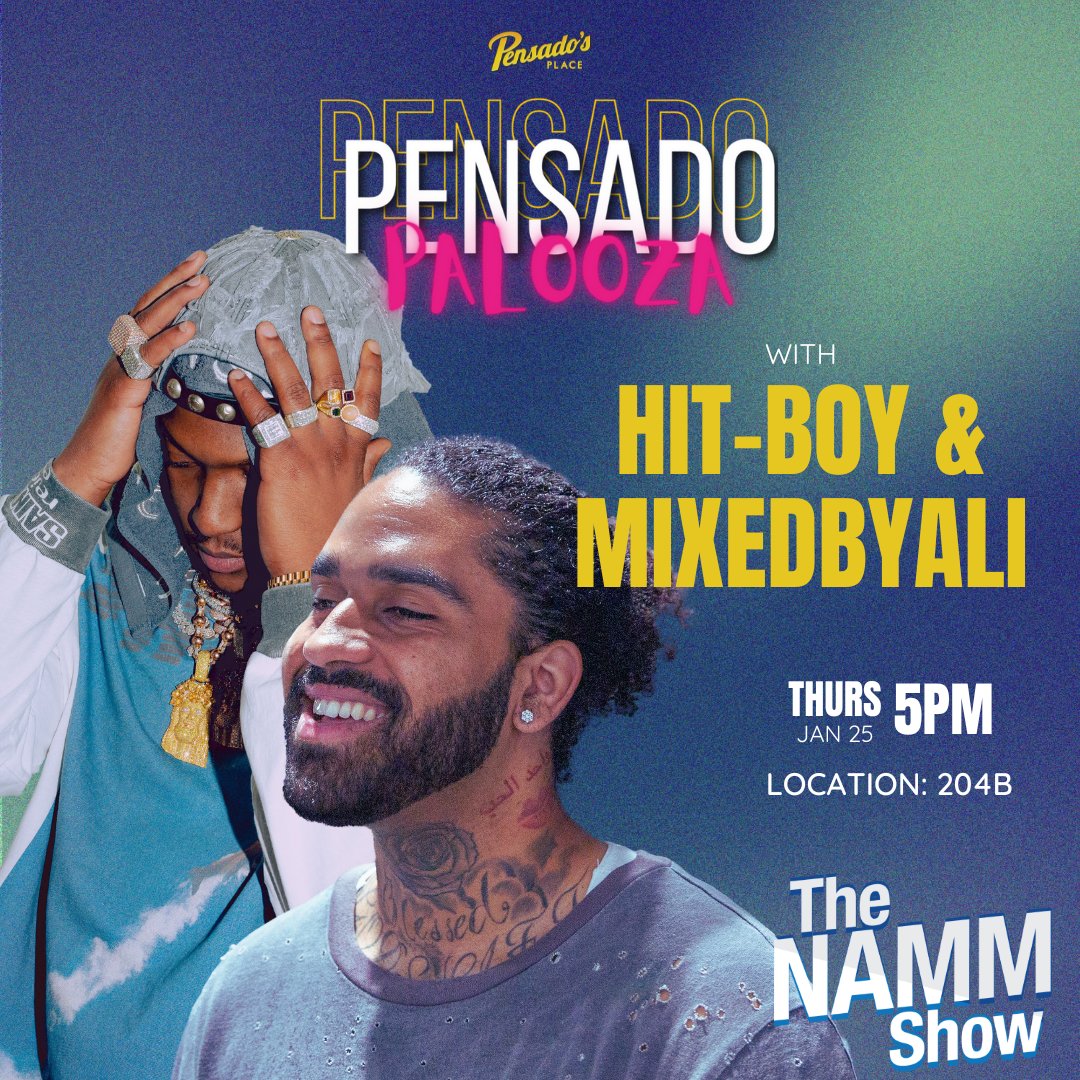 pensadosplace's tweet photo. Catch us today at 5pm at @NAMMShow for Pensadopalooza with Grammy Award Winning Producer, @Hit_Boy and Grammy Award Winning Mix Engineer, @MixedByAli 🔥

5pm in Ballroom 204B - located on level 2 of the main building, just above the show floor

GET THERE EARLY! https://t.co/cF2DLPycx4