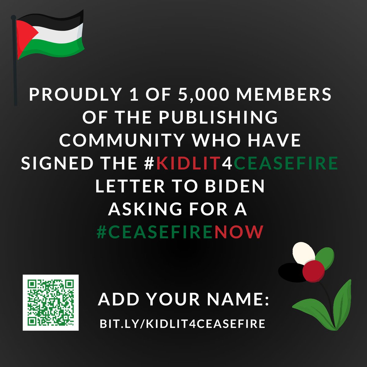 Proudly 1 of 5,000 members of the publishing community who've signed the #KidLit4Ceasefire letter to @POTUS for a #ceasefireNOW! 1 million Palestinian children are counting on us! Help reach 10,000 signatures for a larger impact. Add your name by 1/28: bit.ly/KidLit4Ceasefi…