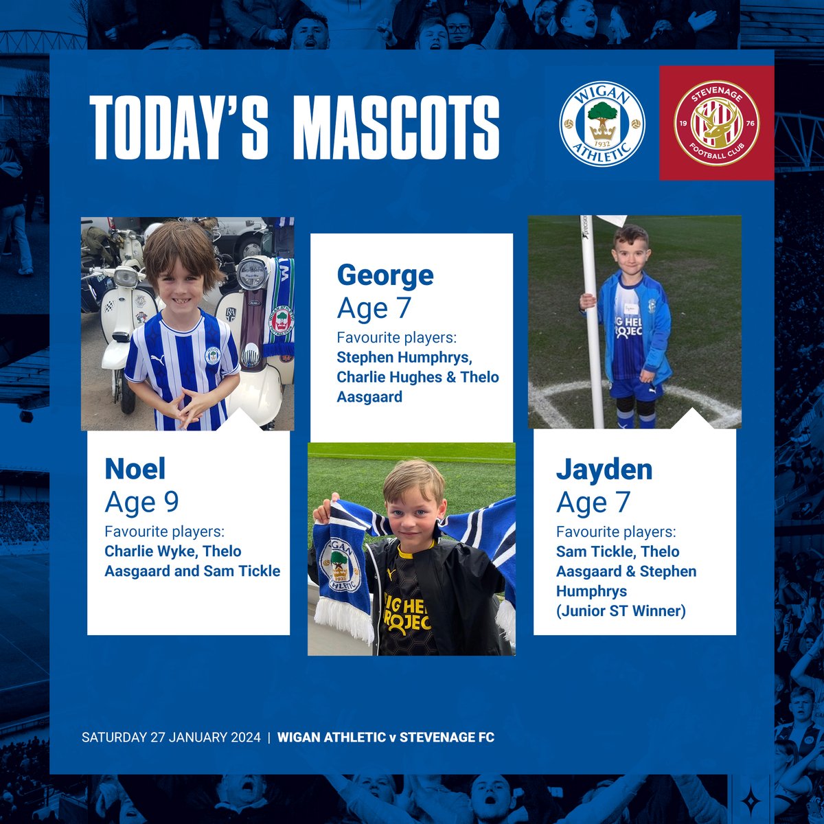 LaticsOfficial's tweet photo. 👋 Give a warm welcome to our mascots ahead of today’s game against Stevenage FC!

We hope you enjoy yourselves! 😃 

#wafc 🔵⚪️