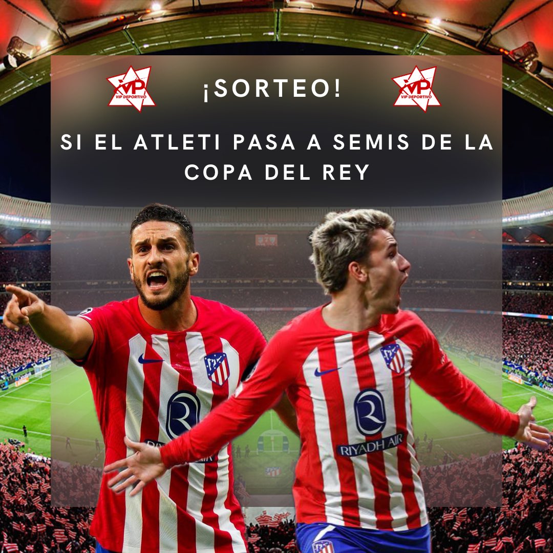 🙌🏼😃 ¡SORTEO GRATUITO!

✅ Si el Atlético de Madrid pasa a las semifinales de la Copa del Rey…

❤️🤍 Sorteo de la primera equipación del conjunto colchonero:

📌 Seguir a <a href="/VIP_Deportivo/">VIP Deportivo</a> y <a href="/VP_Deportivo/">VIP Deportivo LIVE</a> 

📌 Hacer RT al tweet.

📌 Mencionar a dos amigos.

#AtletiSevillaFC