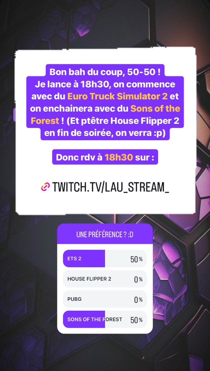 Le peuple a voté ! ETS2 à 18h30 et Sons of the Forest en deuxième partie de soirée :D

Rdv à 18h30 sur ma chaîne Twitch ! (Lien en bio)

<a href="/RT4French/">FrenchRT</a> <a href="/French_Retweet/">Communauté Francophone 🇨🇵</a> @RTStreamee