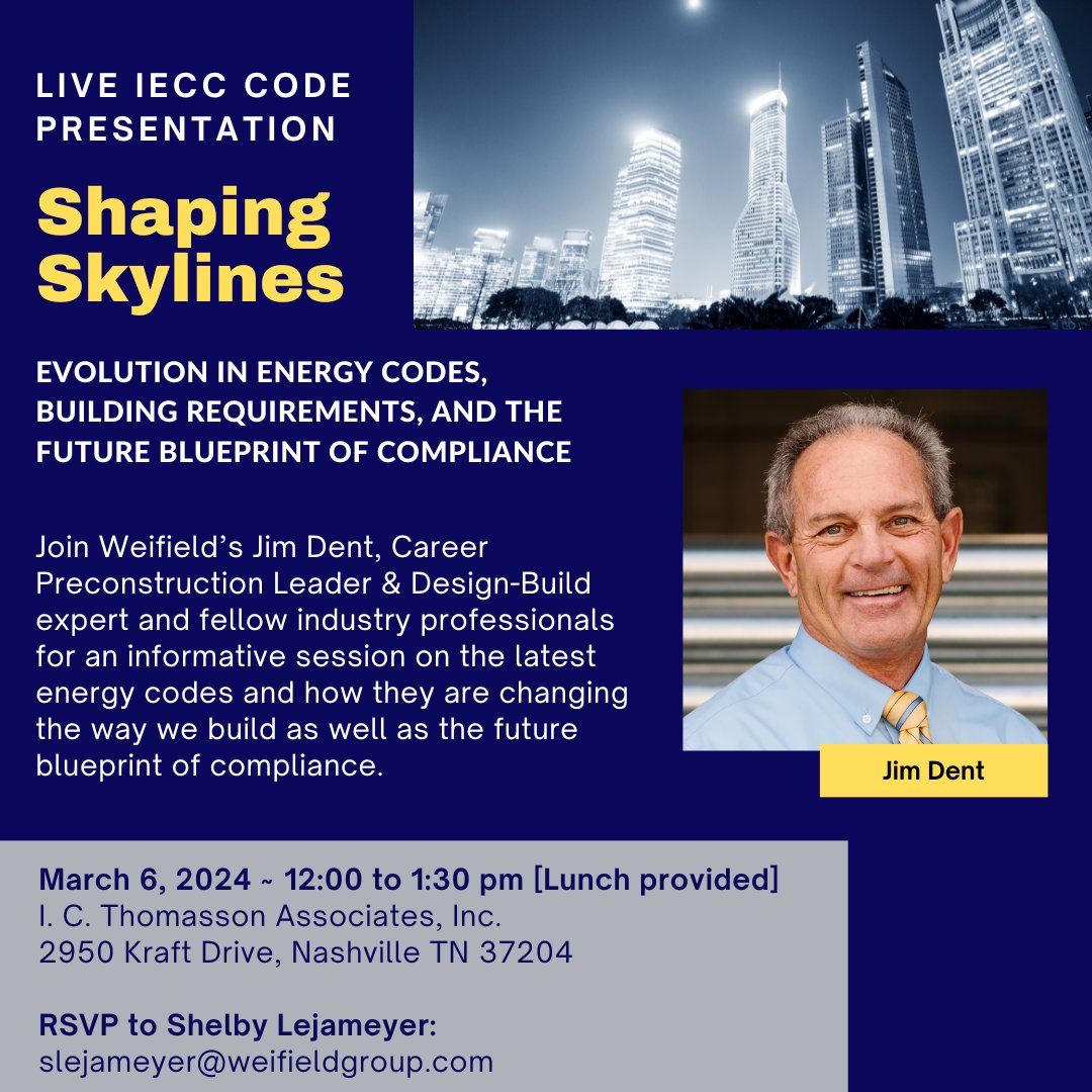 Join Weifield and our valued partners in Nashville, TN on March 6th for a presentation by Jim Dent, Career Preconstruction Professional, on the latest IECC Code change impacts & big picture ROI!

RSVP to Shelby at slejameyer@weifieldgroup.com! #iecc #electricalcode #WeifieldWay