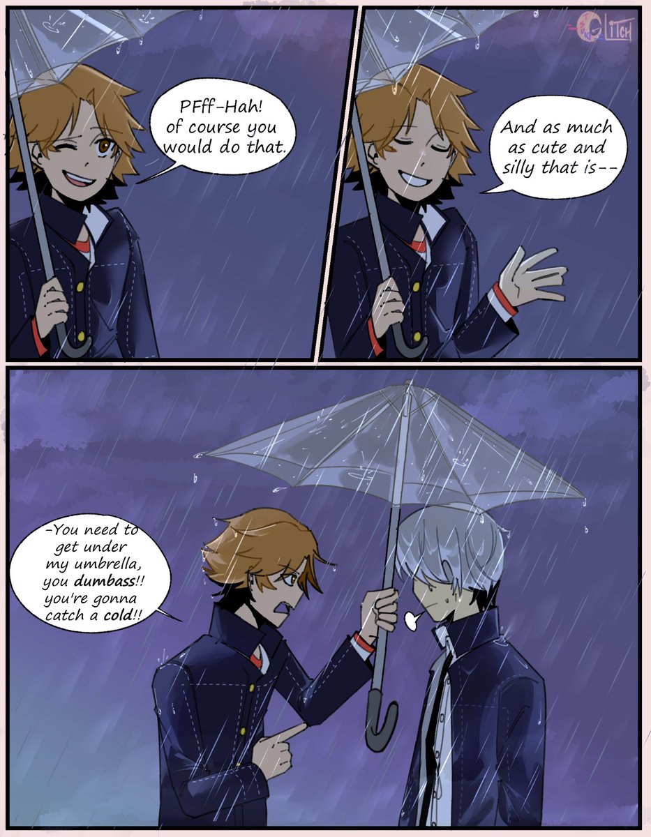 Um,, I wonder who would do this. 

Umbrella. 

(also, I forgot I'm really not good at drawing cats,, that and, this comic was months old, I only recently done the last page hence the style inconsistencies) 

#p4 #ペルソナ4 #Persona4 #YuNarukami #YosukeHanamura #SouYo