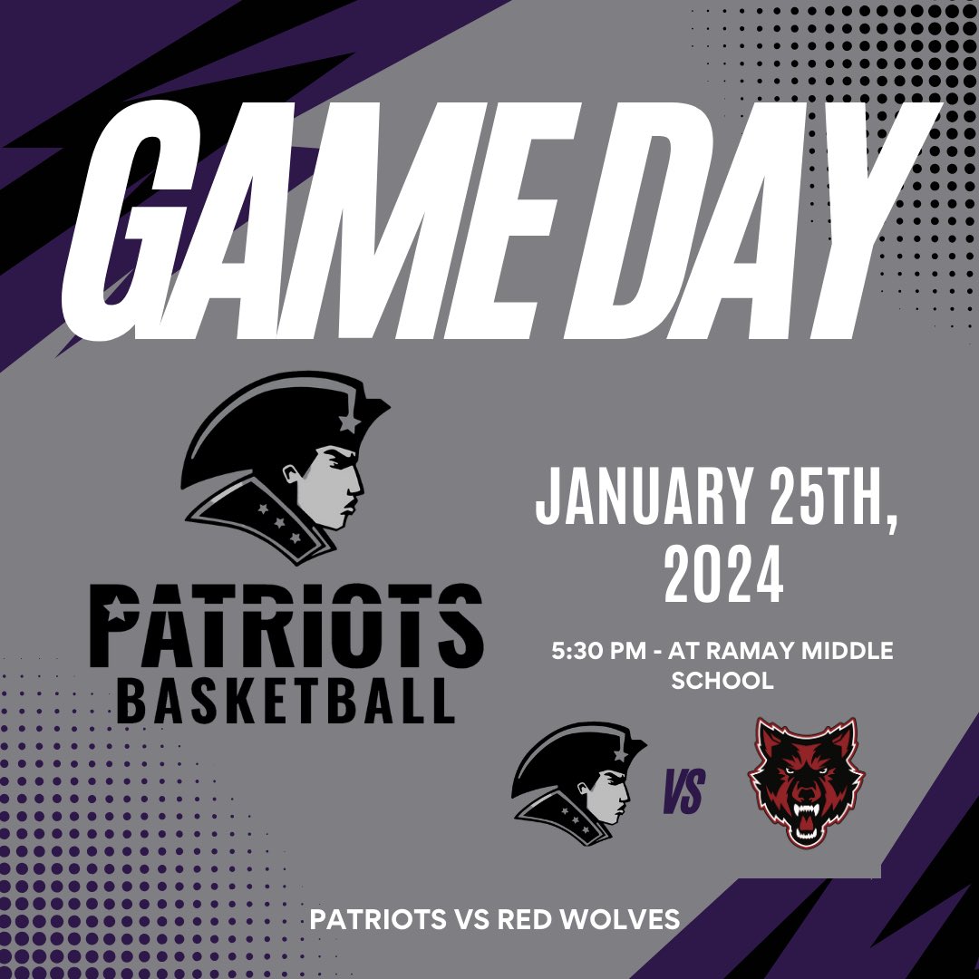 HAPPY GAME-DAY!! The Patriots are playing at Ramay Arena against the Red Wolves! Jv tips at 5:30pm, and varsity tips off at 6:30pm!! #Patriotway #TGHT