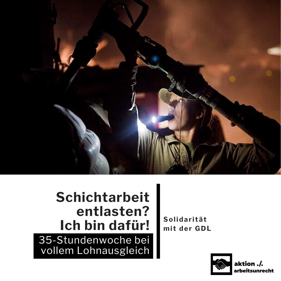 Eine 35-Stundenwoche bei vollem Lohnausgleich für Schichtarbeiter*innen  ist ein erstrebenswertes Ziel — nicht nur für Bahnarbeiter*innen,  sondern für alle Beschäftigten.

Schichtarbeit entlasten!

#GDL #Bahnstreik #Solidarität

arbeitsunrecht.de/solidaritaet-m…