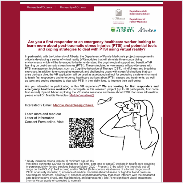 New research opportunity for RTs in the Ottawa area looking at a series of VR modules to help better understand the psychological support + benefit of VR learning on PTSI in first responders and emergency healthcare workers.