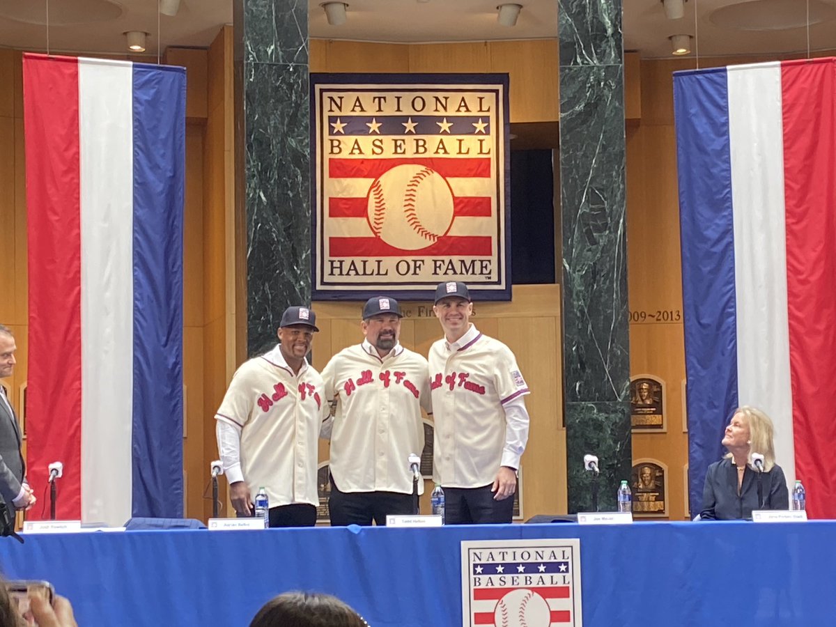 Adrian Beltre, Todd Helton, and Joe Mauer at the press conference for the National Baseball Hall of Fame Class of 2024 on Thursday in Cooperstown.