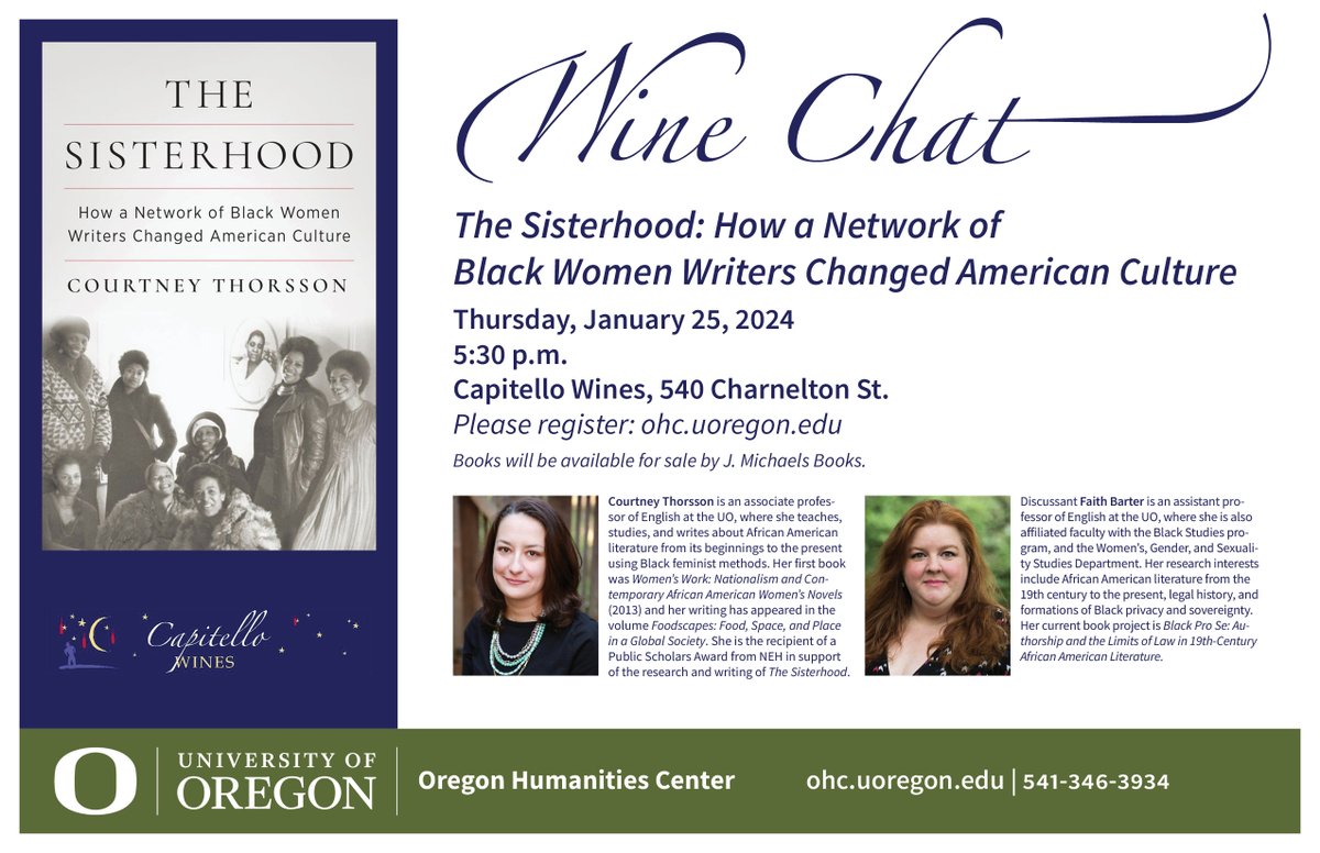 TONIGHT: @c_thorsson and @FaithelaBee talk about 'The Sisterhood' @uo_humanities Wine Chat at 5:30 pm @CapitelloWines 540 Charnelton St. Register: blogs.uoregon.edu/oregonhumaniti…