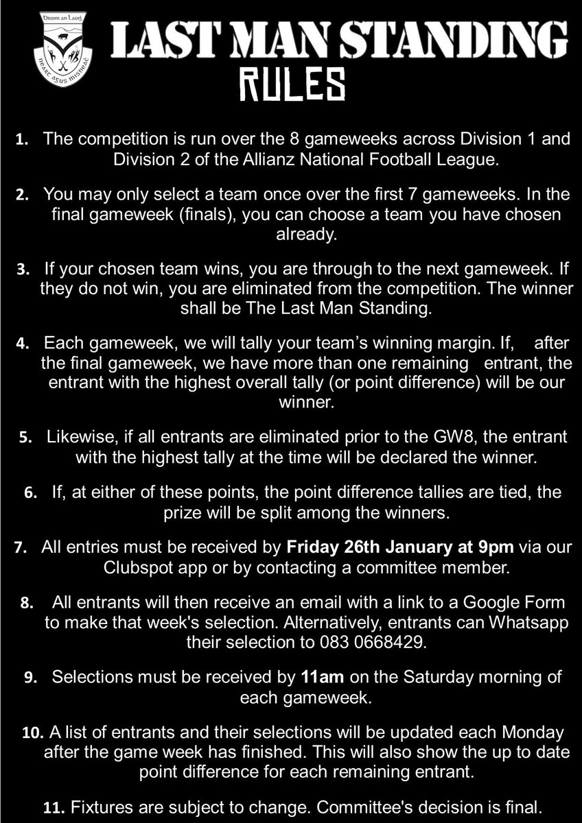 DrumaleeGFC's tweet photo. 🚨Entries close tomorrow night🚨

€1000 is up for grabs in our Last Man Standing competition for the NFL starting this weekend.

Enter now at: https://t.co/q5XKUO13L6 https://t.co/PQKaOCeqxy