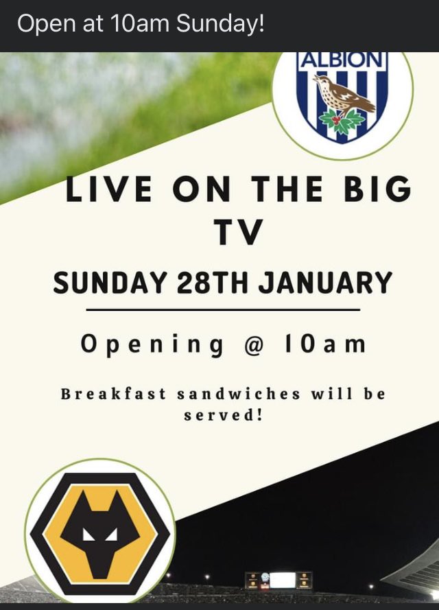 Looking for somewhere local to watch the #BlackCountryDerby on Sunday, <a href="/WBA/">West Bromwich Albion</a> v <a href="/Wolves/">Wolves</a> in the #FACup The HC is open from 10am 💙🤍v⚫️🟠