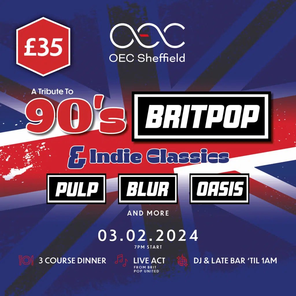 LAST CHANCE TO BOOK 📢 

Join us at @OecSheffield for a celebration of Britpop and 90s indie classics 🇬🇧 

𝗚𝗿𝗮𝗯 𝘁𝗵𝗲 𝗹𝗮𝘀𝘁 𝗳𝗲𝘄 𝘁𝗶𝗰𝗸𝗲𝘁𝘀 𝗻𝗼𝘄 👉 tinyurl.com/5chmk4st

#Britpop #IndieTunes #TributeNight #SheffieldEvents #Pulp #Oasis #Blur #StoneRoses