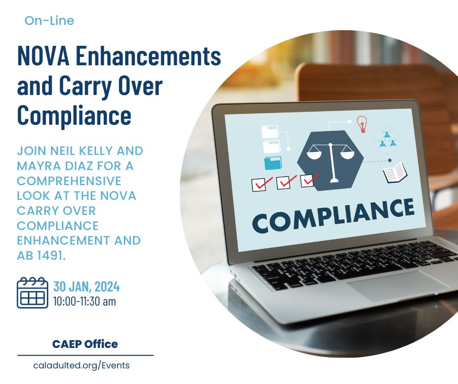 NOTE TIME CORRECTION 🚩Join CAEP Tap Staff on ZOOM for the "Nova Enhancements and Carry Over Compliance" meeting. Register today. 👏
➡️  caladulted.org/Events

January 30th, 10:00-11:30 am

#AdultEducation #AdultEd #AdultEdu #CAEP