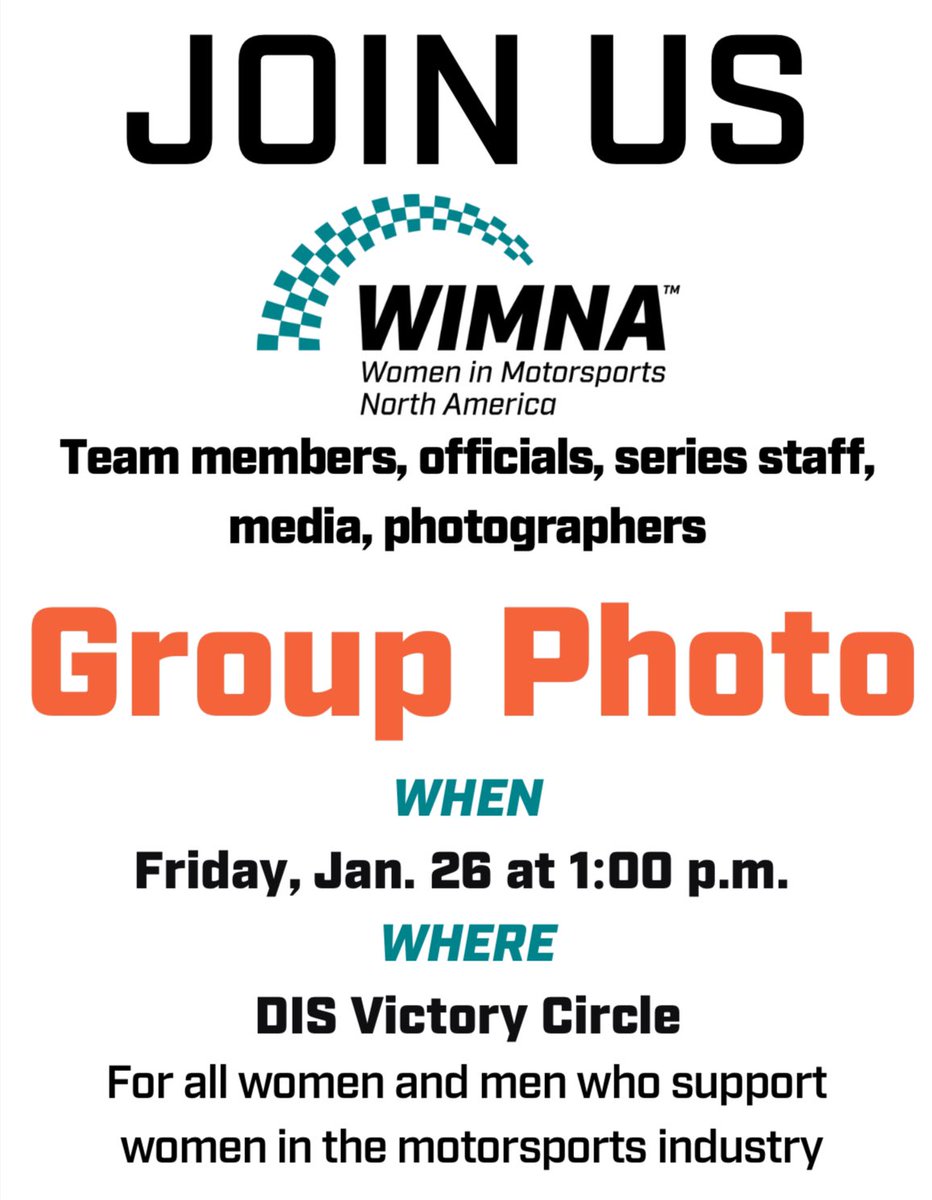 In <a href="/DAYTONA/">Daytona International Speedway</a> for the #Rolex24? Join us for a group photo at the Victory Circle! 

#WomenInMotorsport | #WIMNA
