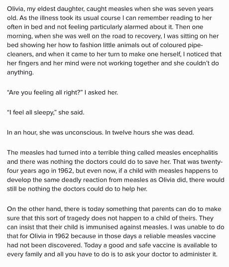 Roald Dahl verloor zijn dochter Olivia aan de mazelen, toen er nog geen vaccin was. Later schreef hij dit pamflet.