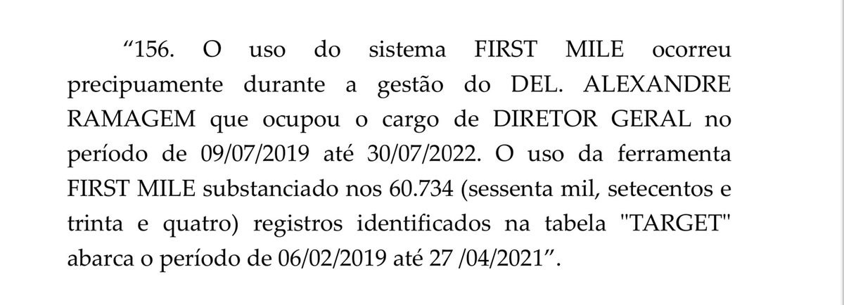 demori's tweet photo. Jamais se viu nada parecido (nem na ditadura) com essa estrutura de monitoramento ilegal de adversários políticos na Abin.

A tecnologia disponível hoje faz desse caso o maior escândalo de espionagem ilegal da nossa história. Já são mais de 60 mil registros apenas em um dos programas usados em apenas dois anos.

Eram usados ao menos 3 programas (geolocalização, navegação e sequestro de dados) para espionagem. 

Segundo a cautelar (que teve seu sigilo derrubado há pouco) os objetivos do esquema de espionagem era usar as informações sobretudo para:

1. Uso privado da família Bolsonaro, municiando os mesmos de informações obtidas de modo ilegal para uso em processos judicias e contra pessoas;

2. Alimentar as redes sociais (gabinete do ódio, “imprensa” amiga) com dossiês contra adversários para desmoralização pública.

O relato do que aconteceu nos porões da Abin de Ramagem, Bolsonaro e Heleno é chocante. Além dos programas espiões, usaram drones e câmeras para monitorar adversários. 

É tudo chocante pela gravidade e pela certeza de impunidade. Grave, MUITO grave.