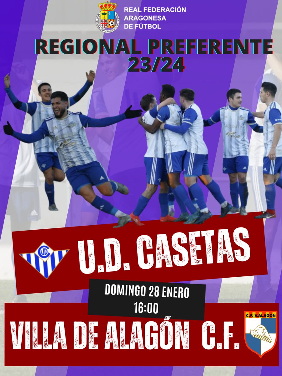 ⚔️ ¡Seguimos en la lucha!
<a href="/udcasetas/">Unión Deportiva Casetas</a> 🆚 <a href="/CFVilladeAlagon/">CF Villa de Alagón</a> 

🏟️C.F.M. San Miguel
🗓️28 Enero 
⌚️16:00

👉 Tras doblegar al C.D. La Almunia en un partido de poder a poder, repetimos en casa en un partido de máxima rivalidad ante nuestros vecinos de Alagón.

🗣️¡Os esperamos afición¡