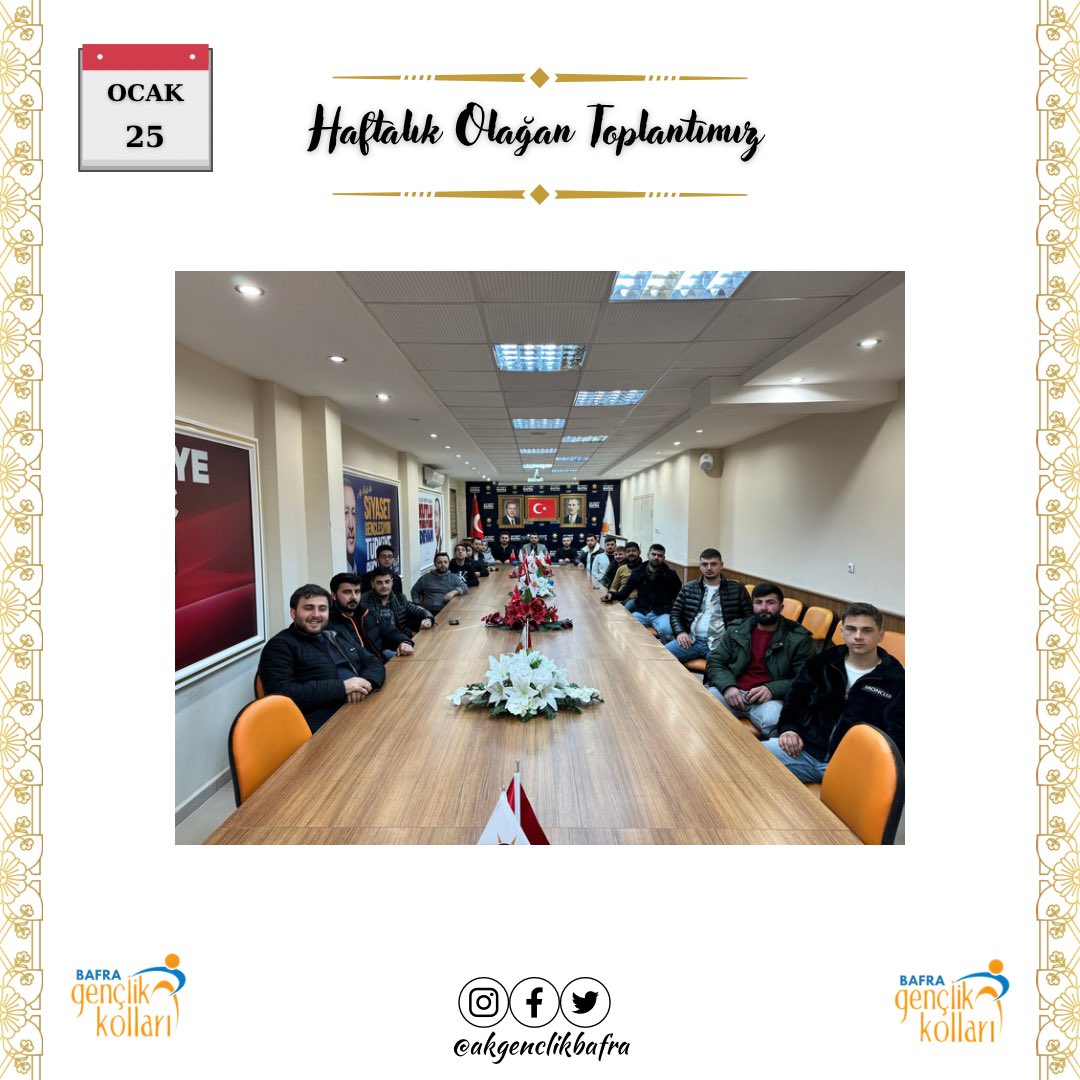 AkGenclikBAFRA's tweet photo. Haftalık olağan yönetim kurulu toplantımızı, Gençlik Kolları Başkanımız Doğan ÖNDER Başkanlığında gerçekleştirdik. Hayırlara vesile olması temennisiyle.

#RecepTayyipErdoğan https://t.co/SBlyxLTSug