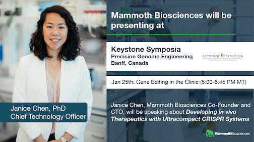 Today @KeystoneSymp, @mammothbiosci co-founder & CTO @janiceschen's talk on “Developing in vivo Tx with Ultracompact CRISPR Systems” will highlight innovation on #Ultracompact #CRISPR cargo & progress towards unlocking in vivo delivery of next-gen gene editors beyond the liver.