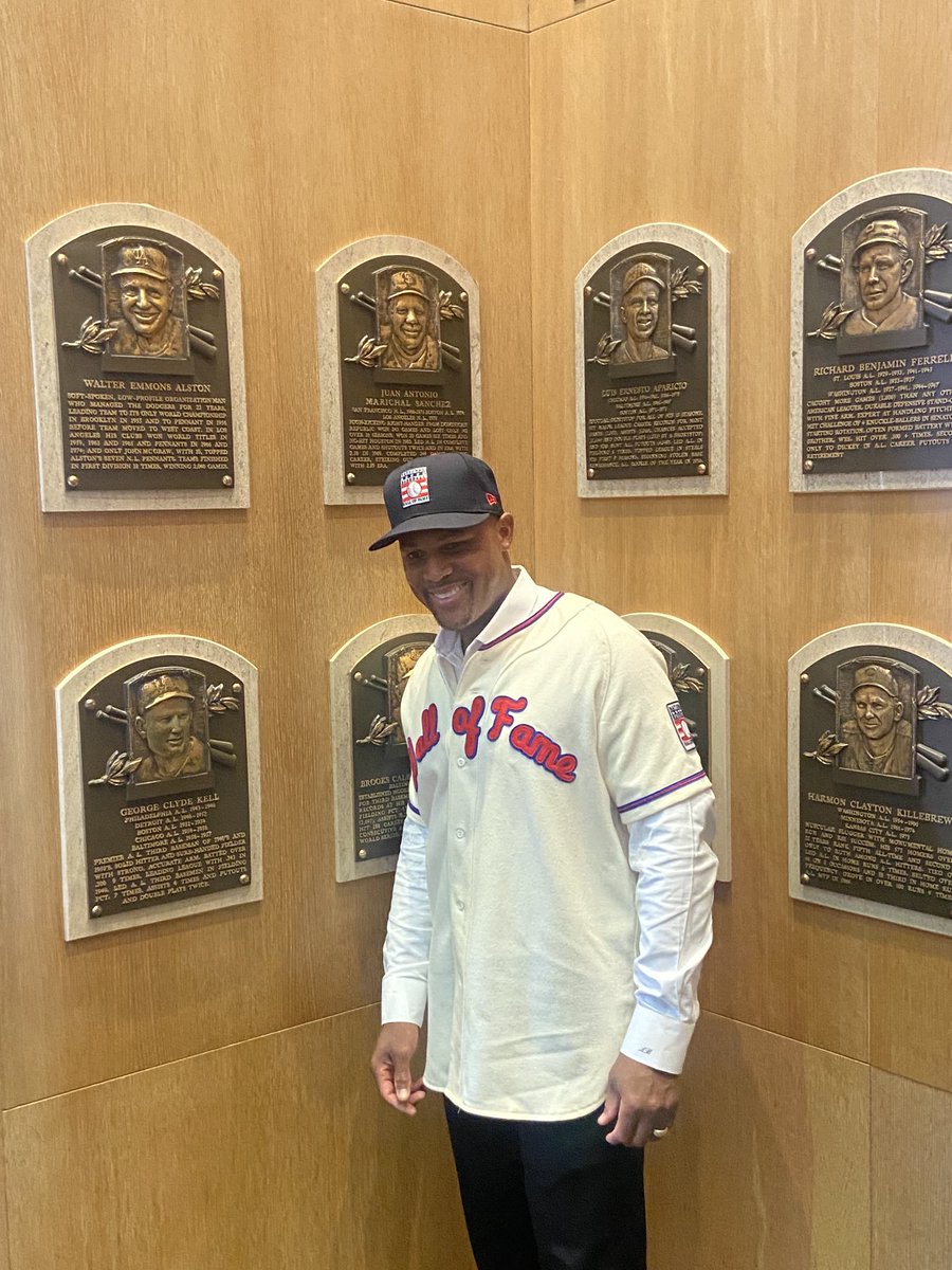 Adrian Beltre posed in front Juan Marichal’s plaque in the Hall of Fame plaque gallery.