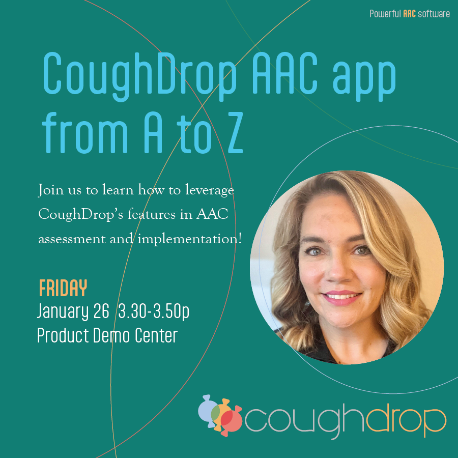 aac_forbes's tweet photo. Attending ATIA and want to learn more about CoughDrop? Stop by our product demo "CoughDrop AAC App from A to Z" on Friday, January 26th at 3:30 pm! #ATIA2024 #AAC #ForbesAAC #CoughDropAAC #ProSlate #WinSlate #speechandlanguage #SLP #augcomm https://t.co/fsoONmPOBO