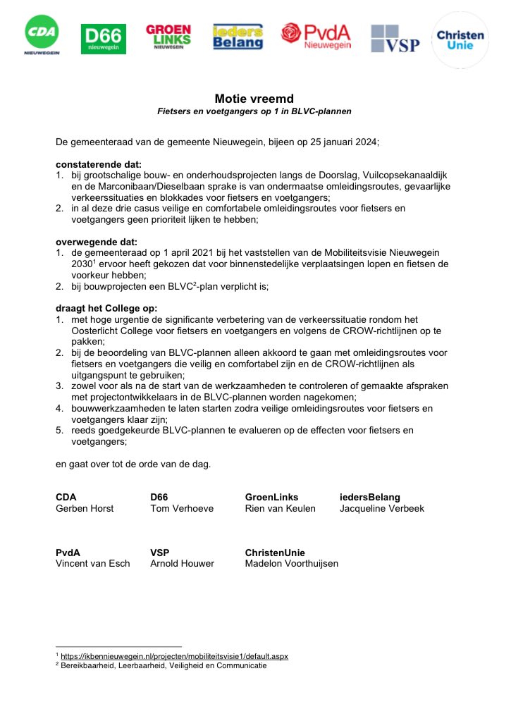 Vanavond dienen we met <a href="/D66Nieuwegein/">D66 Nieuwegein</a> <a href="/GroenLinksNgein/">GroenLinksNieuwegein</a> <a href="/iedersbelang/">iedersbelang </a> <a href="/PvdANieuwegein/">PvdA Nieuwegein</a> <a href="/VSPNieuwegein/">VSP Nieuwegein</a> <a href="/CUNieuwegein/">CU Nieuwegein</a> deze motie in voor veiliger omleidingsroutes voor #fietsers in #Nieuwegein. Vooral situatie <a href="/ooster1icht/">Oosterlicht College</a> is urgent! Dank <a href="/fietsersbond/">Fietsersbond</a> Nieuwegein voor oproep hiertoe.