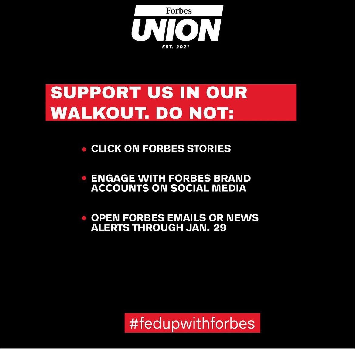 The @forbesunion is walking out to protest management's unwillingness to bargain with us in good faith. My colleagues and I are asking you to not read Forbes’ stories or engage with content for the next couple of days.  #FedUpWithForbes