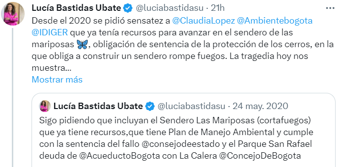 Miente descaradamente una asesora del alcalde <a href="/CarlosFGalan/">Carlos F. Galán</a> que dice que  la sentencia de protección de los Cerros Orientales obliga a construir un sendero rompe fuegos. Esa orden no existe!!!