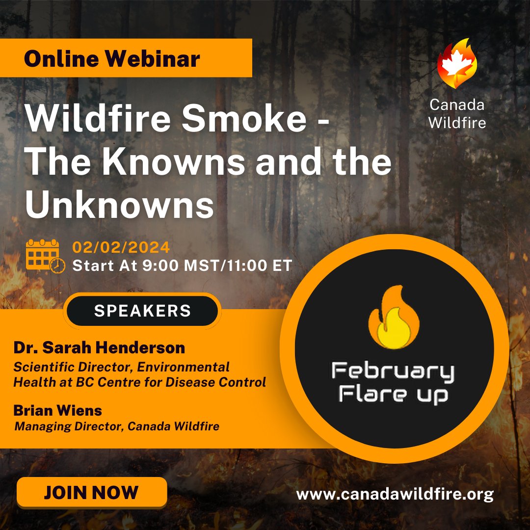 Friday, Feb 2: Discover the impact of wildfire smoke on health, explore evidence gaps, and learn effective health protection strategies with Dr. Henderson. Gain insights from Brian Wiens on utilizing smoke forecast models to make informed health decisions. canadawildfire.org/webinarsandcou…