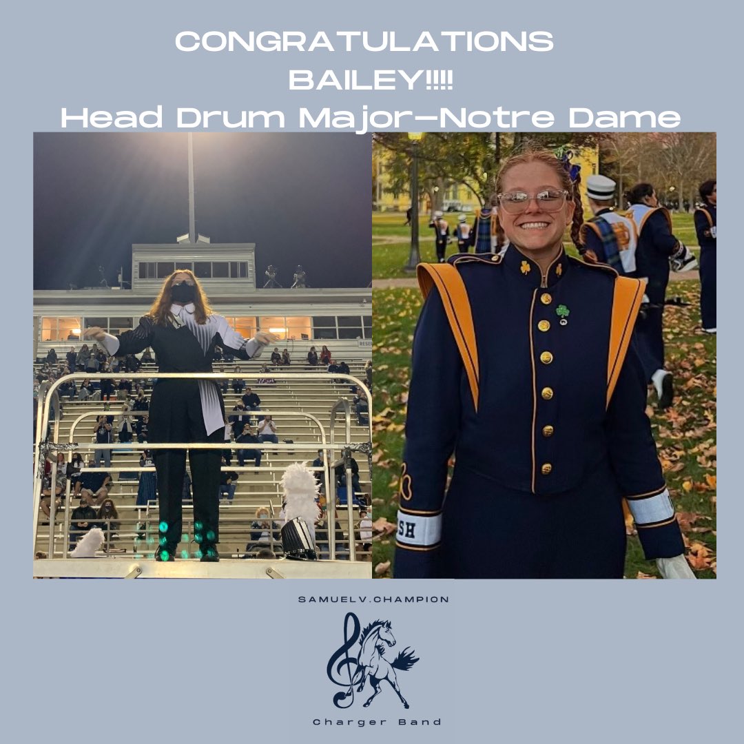 Congratulations to Charger Band Alumnae C/O ‘21 Bailey Buie for being named the Head Drum Major for next year’s <a href="/notredame/">University of Notre Dame</a> marching band!!! 
#WAC #ChargerPride
<a href="/SamChampionHS/">Samuel V. Champion High School</a> @championchargerband <a href="/boernefinearts/">BoerneFineArts</a> <a href="/boerneisd/">Boerne ISD</a> @bailllleeyyyyyyy