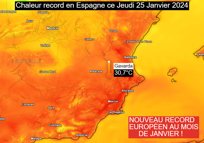 Meteovilles's tweet photo. 🇪🇸 L'#Espagne a battu le record européen de #chaleur pour un mois de janvier ! Cet après-midi du 25/01/2024, la station de #Gavarda (région de #Valence) a mesuré une valeur maximale de 30,7°C !!