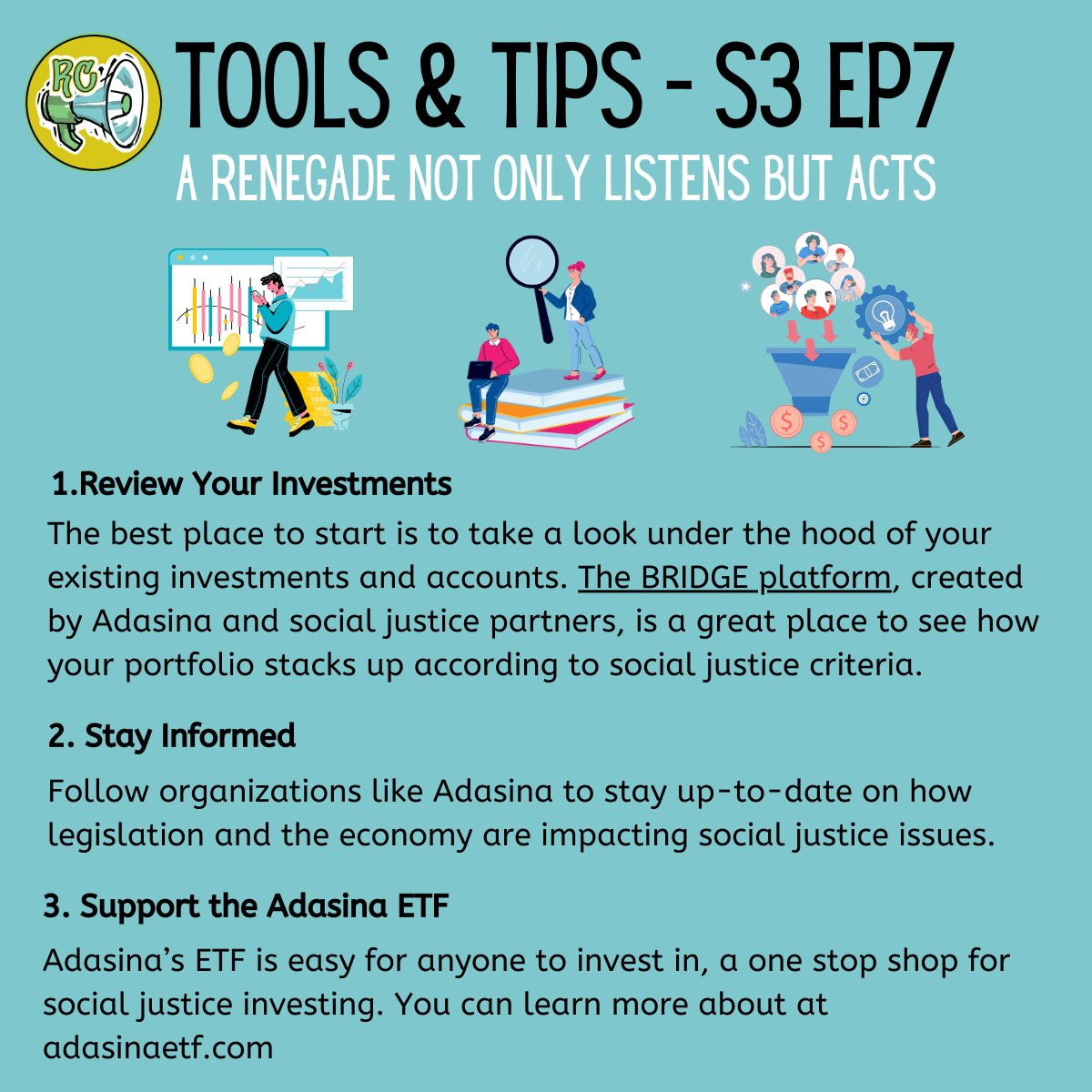 Have you listened to our newest episode and wondered what actions you can take to invest for social justice? We’ve got you covered! Here are some Tools & Tips from Ep 7 to get you started! #renegadecap #impinv