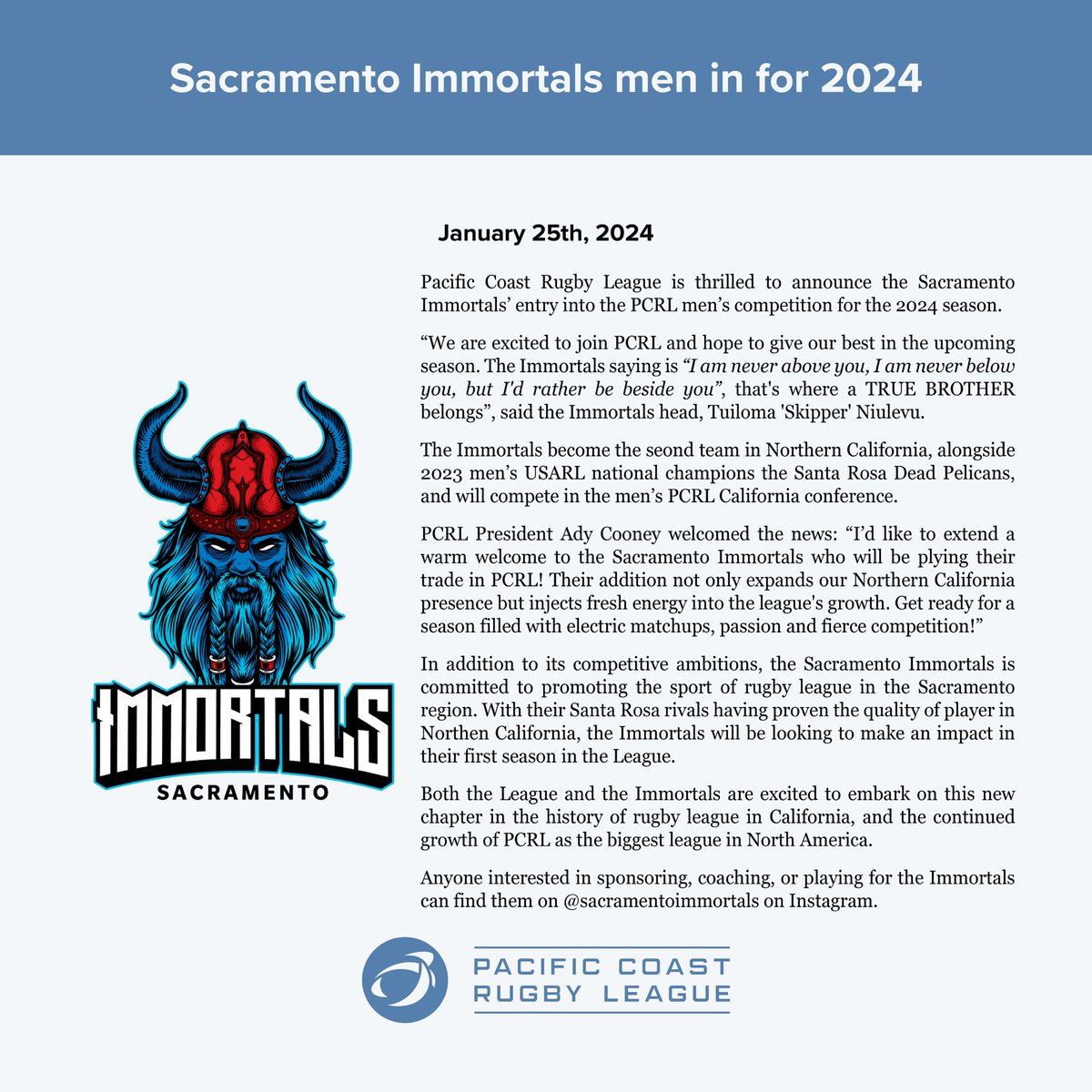 PacificCoastRL's tweet photo. Announcement:

Pacific Coast Rugby League is thrilled to announce the Sacramento Immortals entry into the PCRL men’s competition for the 2024 season.

We are excited for the continuation growth out on the West! https://t.co/QPN8T7JU5Q