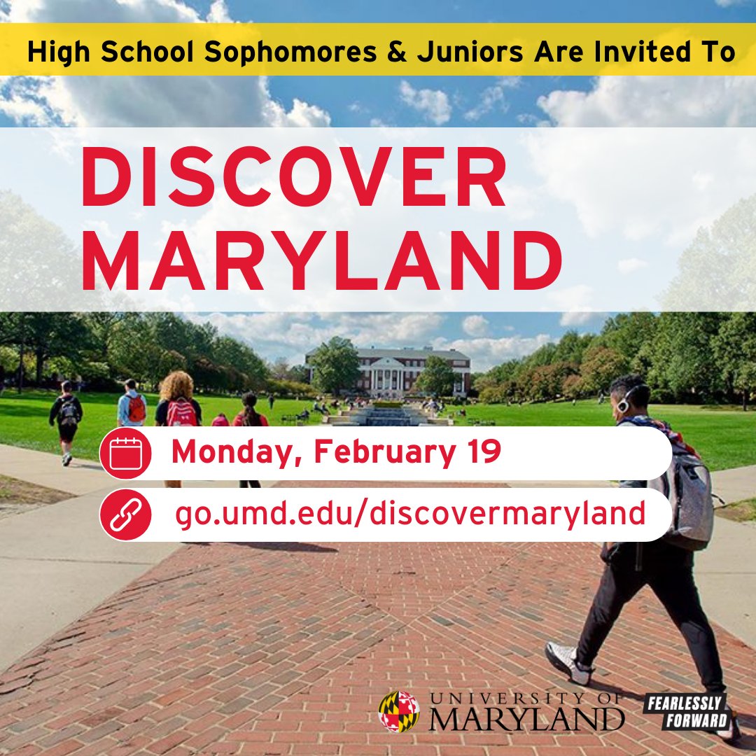 High school sophomores and juniors are invited to Discover Maryland on Feb. 19! Get a glimpse of our admission process and explore the academic programs and special experiences here at UMD. Register now: go.umd.edu/discovermaryla… #BeATerp