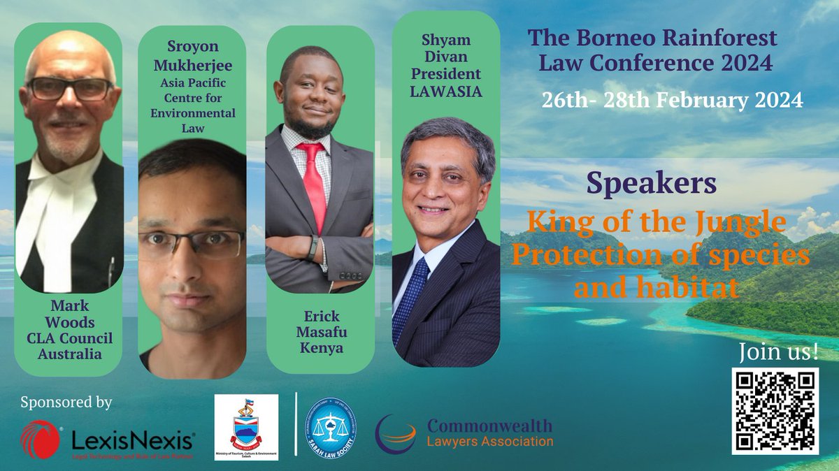 30 days until the Borneo Rainforest Law Conference 26th- 28 February in Kota Kinabalu! Secure your registration and join us to hear Mark Woods, Erick Masafu, Sroyon Mukherjee and the President of LAWASIA speak on the protection of species. Register at eur.cvent.me/BPoG1?RefId=Bo…