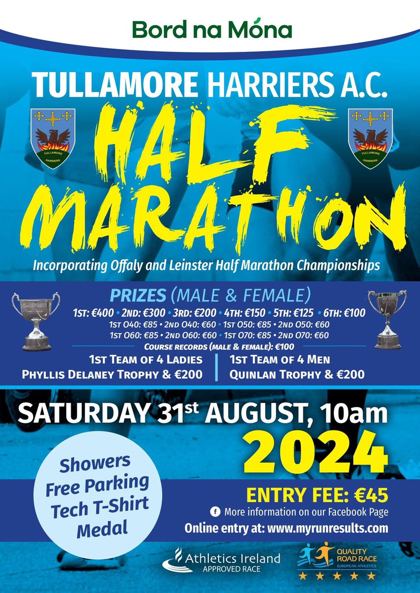💥💥💥Registration open now for the 2024 Bord na Mona Tullamore Harriers  Half Marathon. 
Register now to secure your place *
eventmaster.ie/event/e0MEUrKF…
Athletics Ireland Athletics Leinster Myrunresults.com