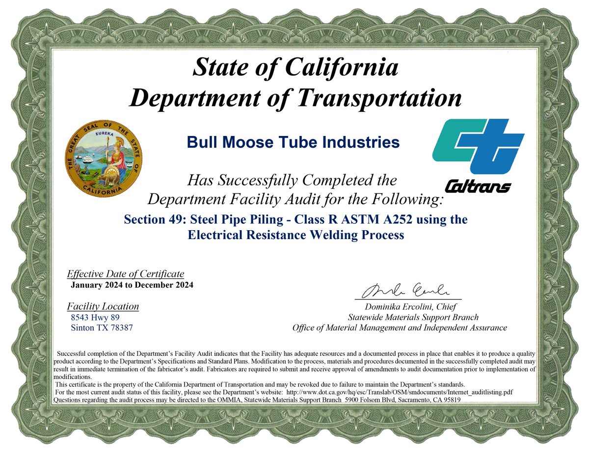 BullMooseTube's tweet photo. It’s official! Bull Moose Tube's Sinton, TX facility has been awarded certification by the California Department of Transportation (@CaltransHQ ) through a Manufacturing Qualification Audit for steel pipe piling!

#Manufacturing #Building #Infrastructure #Piling https://t.co/xDOW74ZMeR