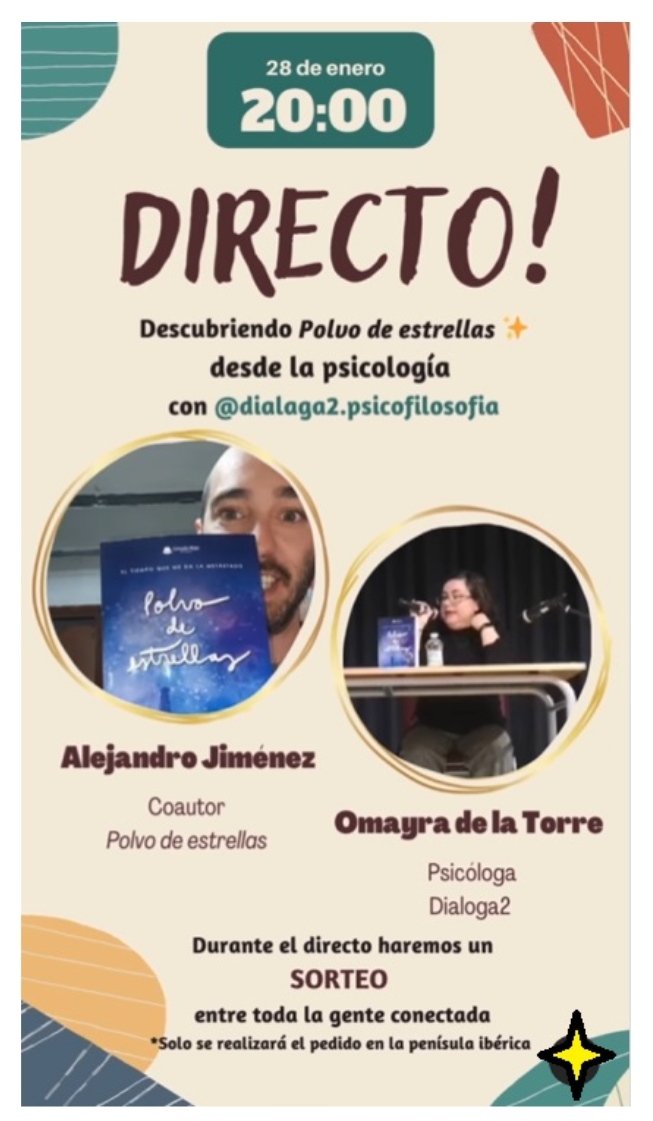Dialoga2's tweet photo. Haremos un directo para analizar el libro "Polvo de estrellas, el tiempo que me da la metástasis" desde una perspectiva psicológica de la mano de nuestra #Psicóloga Omayra de la Torre.

Continúa... 🧵⬇️ https://t.co/wHpmvC89vS