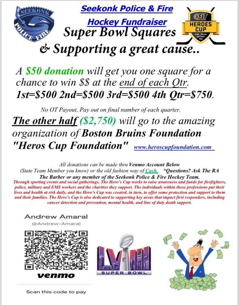 Over a third already sold! Get in while you can, we’re selling Super Bowl squares to support the @HerosCupHockey tournament again this year. Multiple chances to win with only 1 purchase!