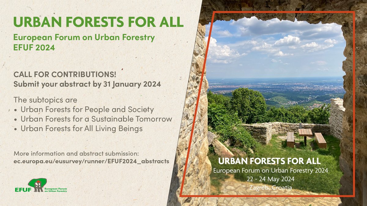 EU F. Urban Forestry (@efurbanforestry) on Twitter photo Few days left to send in ideas for bringing your story to the #EFUF2024 attendees in <a href="/GradZagrebHr/">Grad Zagreb</a> 🇭🇷
We will discuss #urbanforests for all!
Deadline 3⃣1⃣Jan 2⃣3⃣:5⃣9⃣ CET
More ➡️➡️ efuf.org/2023/12/15/cal…
#socialinclusion #naturebasedsolutions #urbantrees #humanhealth 🌳🏙️ Few days left to send in ideas for bringing your story to the #EFUF2024 attendees in <a href="/GradZagrebHr/">Grad Zagreb</a> 🇭🇷
We will discuss #urbanforests for all!
Deadline 3⃣1⃣Jan 2⃣3⃣:5⃣9⃣ CET
More ➡️➡️ efuf.org/2023/12/15/cal…
#socialinclusion #naturebasedsolutions #urbantrees #humanhealth 🌳🏙️