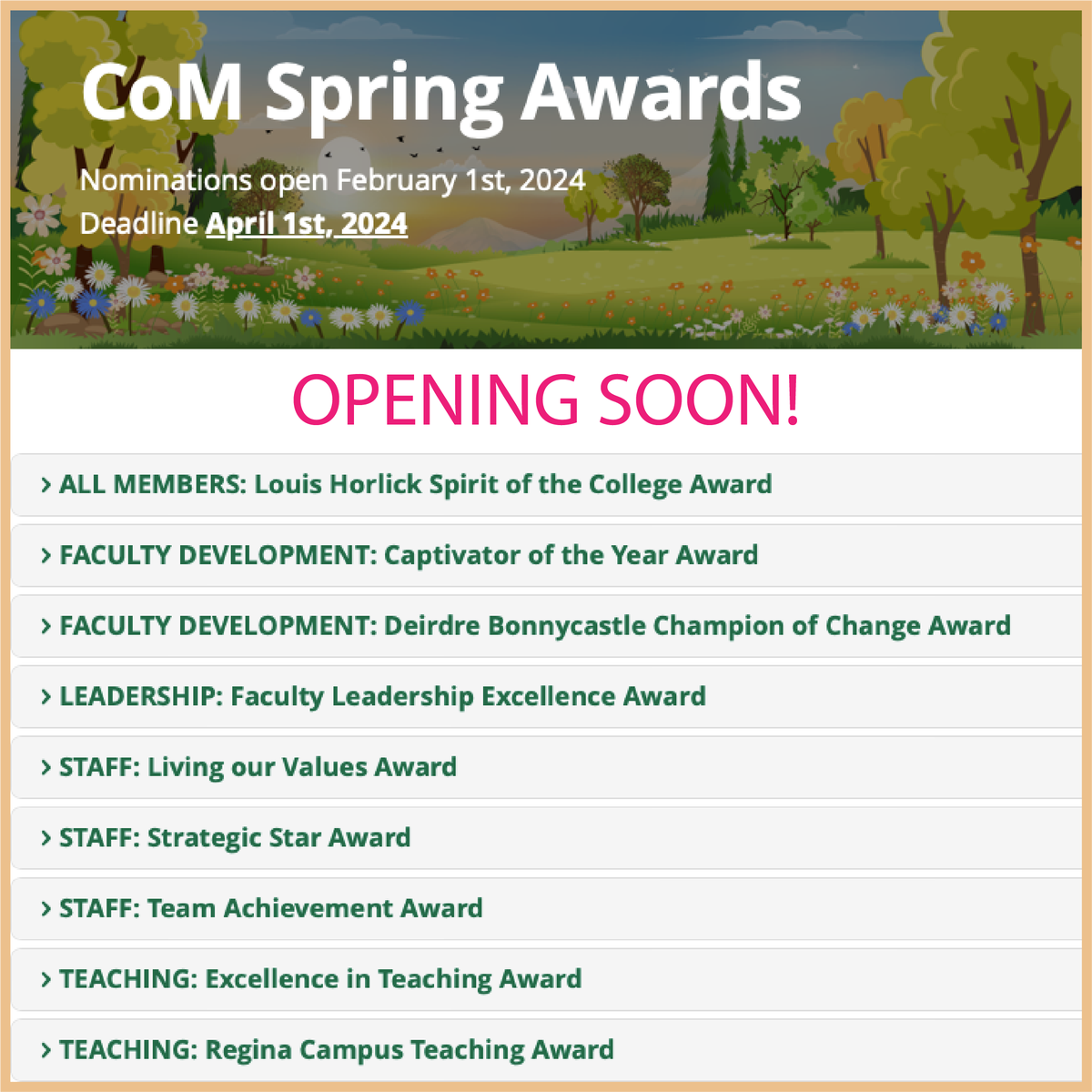 🏆 Nominations for the College of Medicine's 2024 Spring Awards will open on Feb. 1! 

View individual award details and learn more: medicine.usask.ca/awards.php

 @USaskCoMFacDev |  #USaskMed