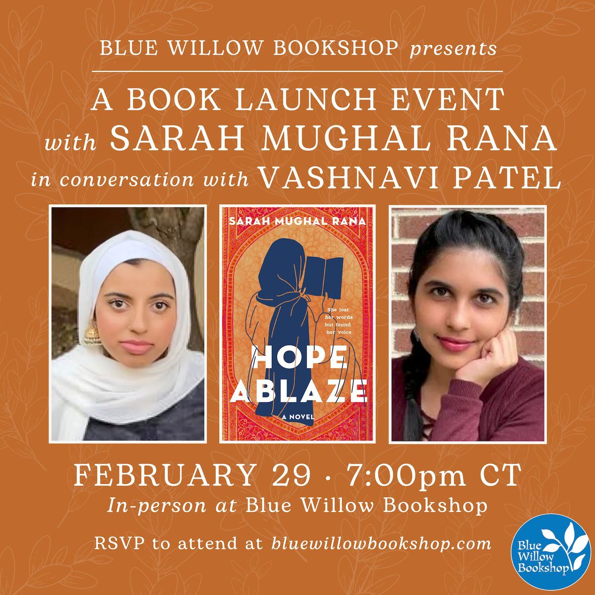 We're delighted to invite you to the ✨book launch✨ of HOPE ABLAZE, @sarahmughal769's debut novel! Sarah will be joined in conversation by @VaishnaWrites, who calls the book 'fierce, brilliant, and unapologetic.' We hope you'll join us! bluewillowbookshop.com/event/rana-24 @WednesdayBooks