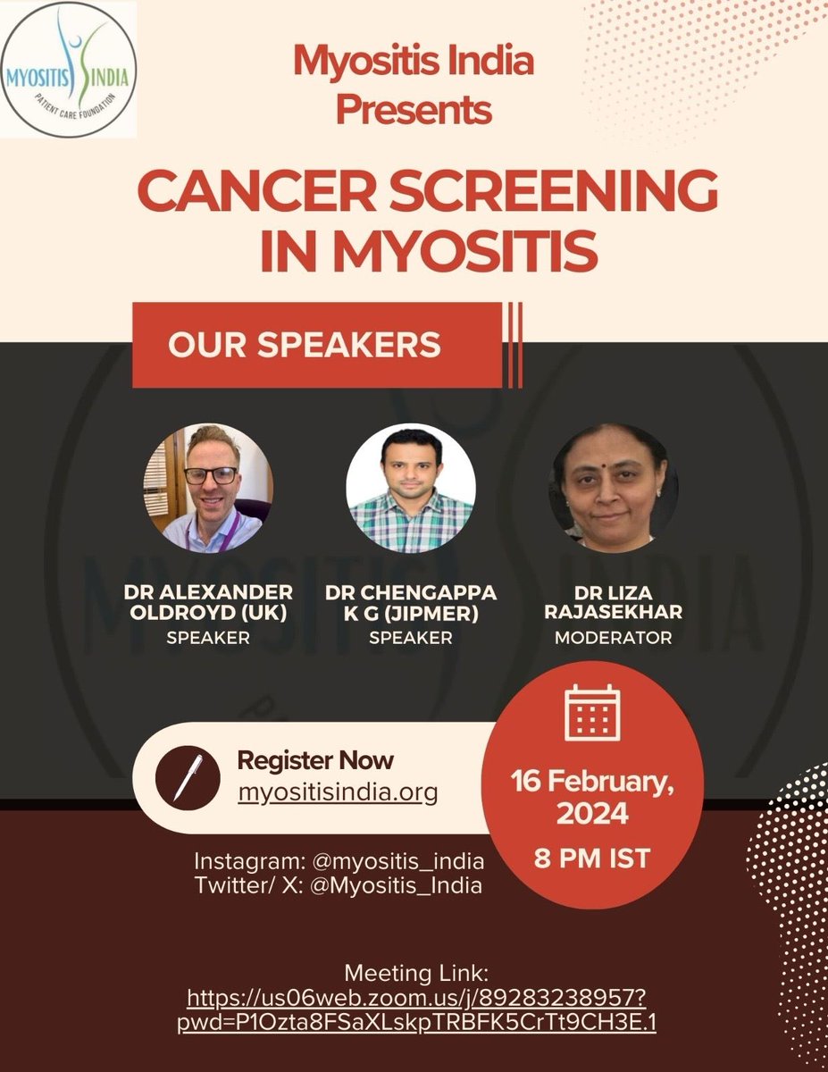 Myositis_India's tweet image. We are pleased to extend a warm invitation to you for our upcoming webinar on the intriguing topic of &quot;Cancer Screening in Myositis&quot;.It is scheduled for the 16th of Feb 2024, at 8:00 PM IST.
To register for the webinar,please click on the following link: (myositisindia.org)