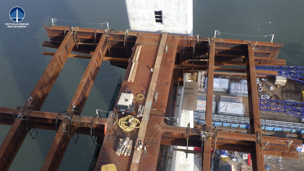 This is a close-up of the main bridge tower’s lower crossbeam, where large steel pieces are being installed to form the “pier table.” 

Once the pier table is completed, crews can begin installing steel beams and concrete deck panels outward from the bridge tower.