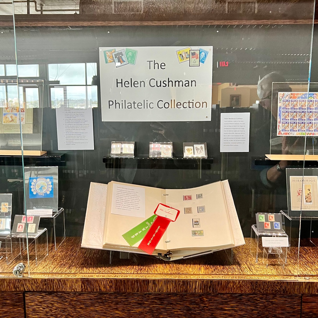 SDPublicLibrary's tweet photo. Love stamps? Check out the latest SDPL #speccoll acquisition—the Helen Cushman Philatelic Collection! Select stamps are on view now in our Marx Special Collections Floor at #SanDiegoCentralLibrary. ❤️ https://t.co/dWGTTg26no https://t.co/65goCvQz1P