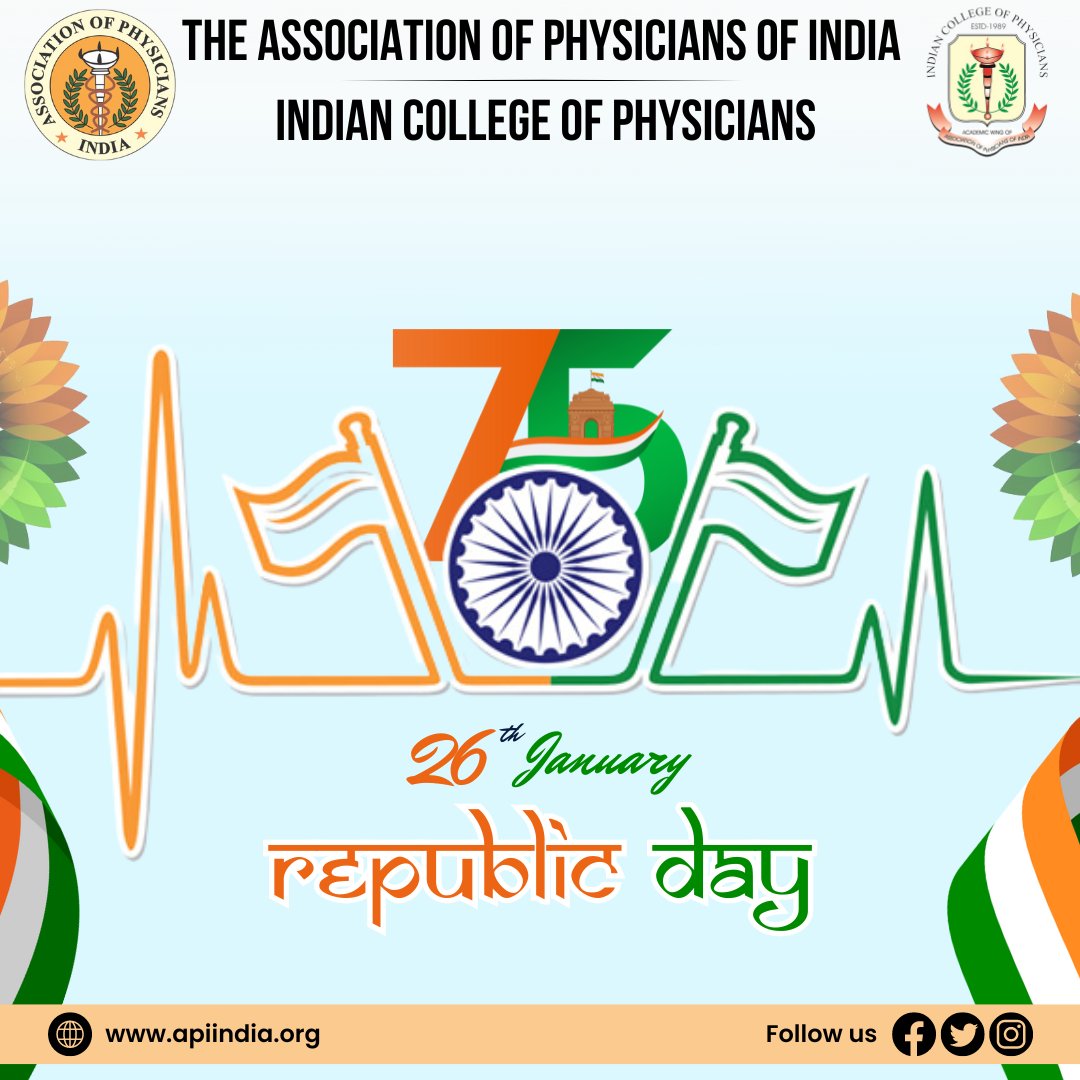 Wishing a healthy and patriotic #RepublicDay to all. Let's celebrate the spirit of unity and well-being. 🇮🇳🩺

DR GIRISH MATHUR 
PRESIDENT-API
DR JYOTIRMOY PAL 
DEAN-ICP
DR AGAM VORA 
SECRETARY-API

#75thRepublicDayIndia #India #API #ICP #IndianCollegeofPhysicians #Physicians
