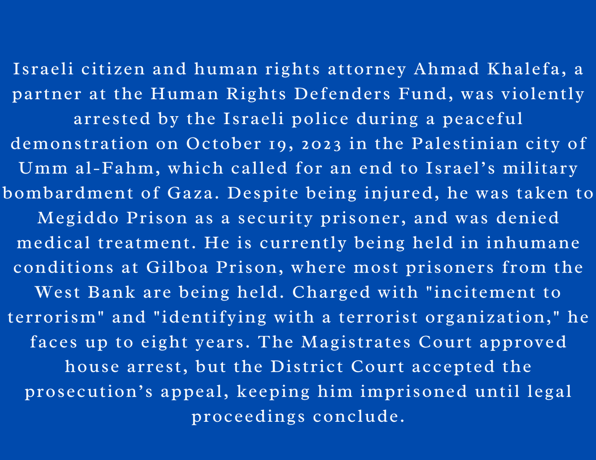 #InternationalDayofEndangeredLawyer: Israeli citizen and #HumanRights attorney Ahmad Khalefa, a partner at the Human Rights Defenders Fund, was violently arrested by the Israeli police during a peaceful demonstration on October 19, 2023 in the Palestinian city of Umm al-Fahm.