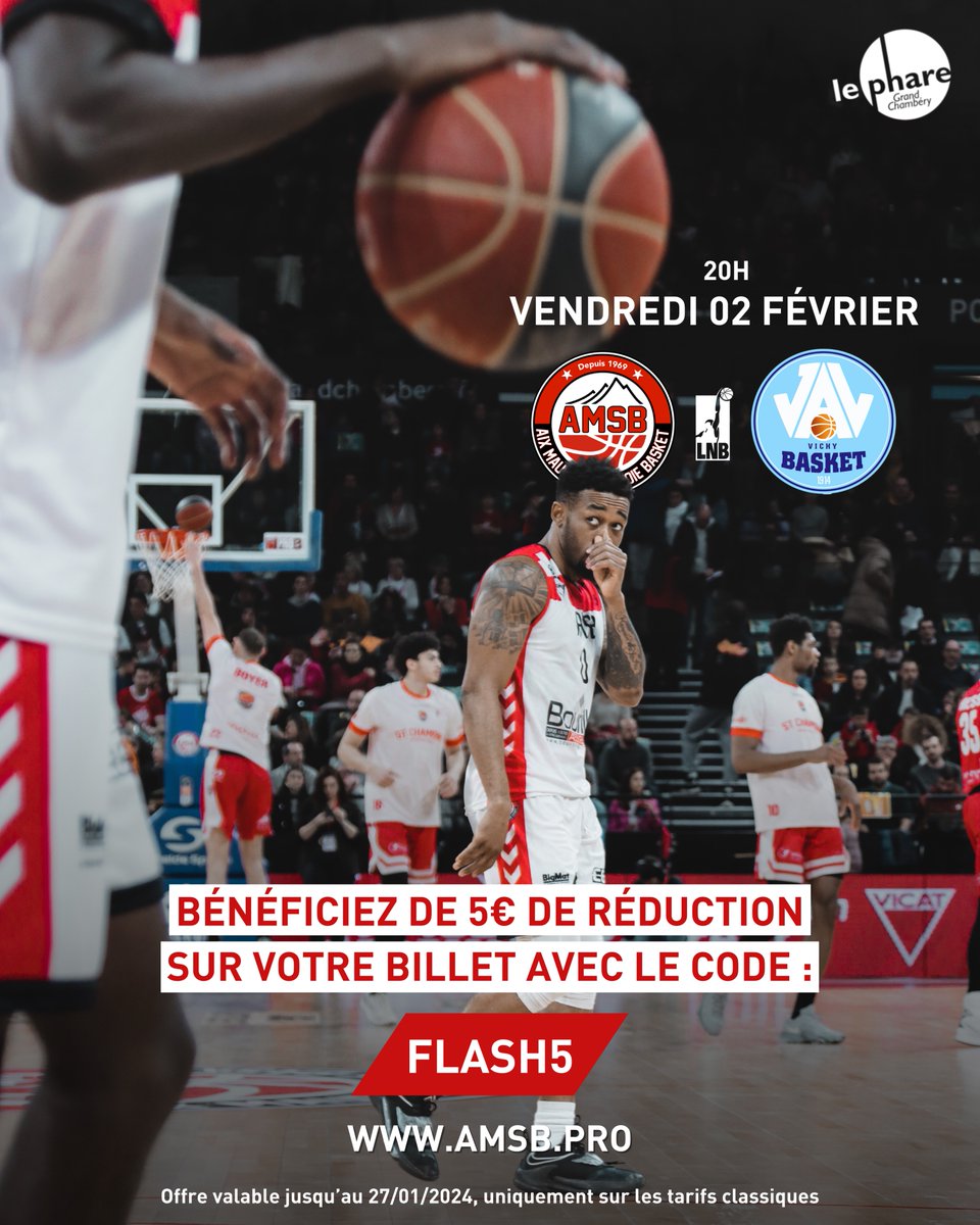 💥 Vente flash AMSB vs Vichy 💥

Jusqu'au 27 janvier, bénéficiez d'une réduction de 5€ sur l'achat de vos billets grâce au code 𝐅𝐋𝐀𝐒𝐇𝟓

Rendez-vous sur : web.digitick.com/pro-b-amsb-vic…

Il ne faut pas rater ça 🤩