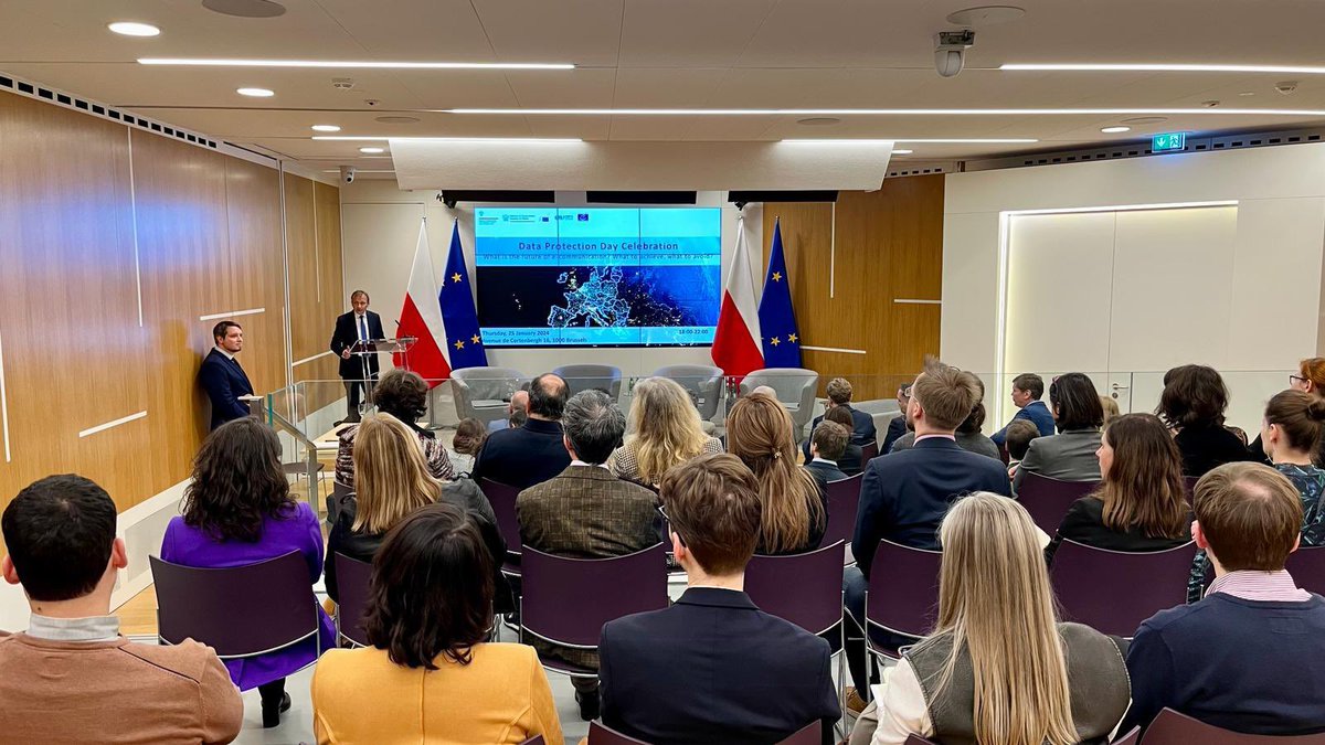 PLintheEU's tweet photo. #DataProtectionDay celebration with an important keynote by @DStanderski, Secretary of State at the @CYFRA_GOV_EN and a debate on how to protect privacy in e-communication has just begun at the 🇵🇱 #PermRep. https://t.co/qAydvFyWTl