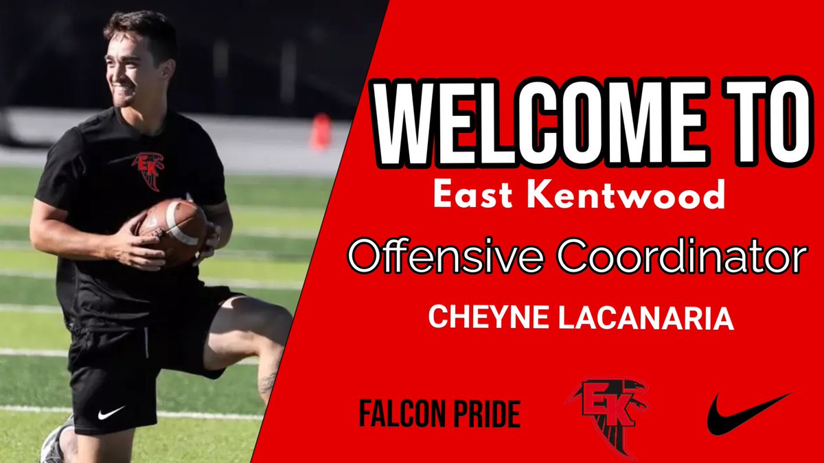 Let’s welcome @CoachLaca to East Kentwood! He will also serve as QBs Coach. He is a Brother Rice alum who has been a college coach for six years. Last year he was the offensive coordinator at Servite HS (California). He helped the Friars reach the state championship. #TheLand