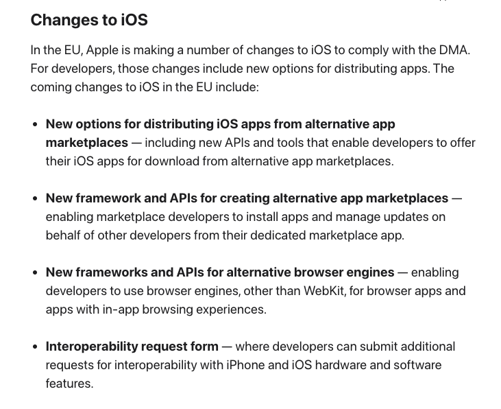 firt's tweet photo. 🇪🇺Apple changes iOS for 27 European countries next March, making it as difficult and unusable as possible for users and devs:

🔥Browsers can use custom engines
🆕API for app store alternatives
✍️Notarization for all apps
💶Devs will pay Apple per installs in EU (1M/y free) and revenue share, only if they accept the new terms to distribute their apps outside of the app store; devs can choose to remain in current terms.